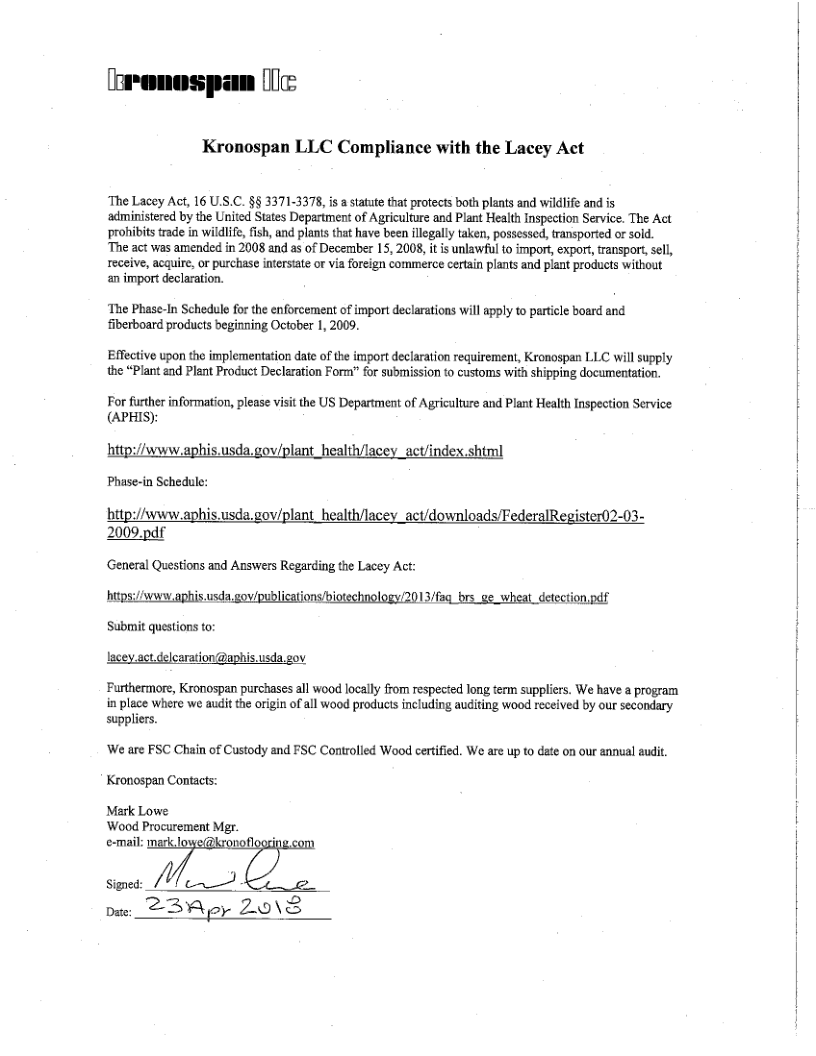 Certificat kronospan