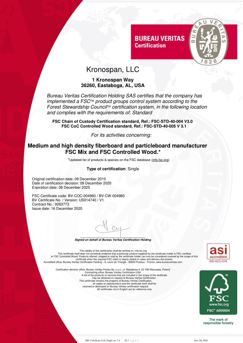 Certificat kronospan